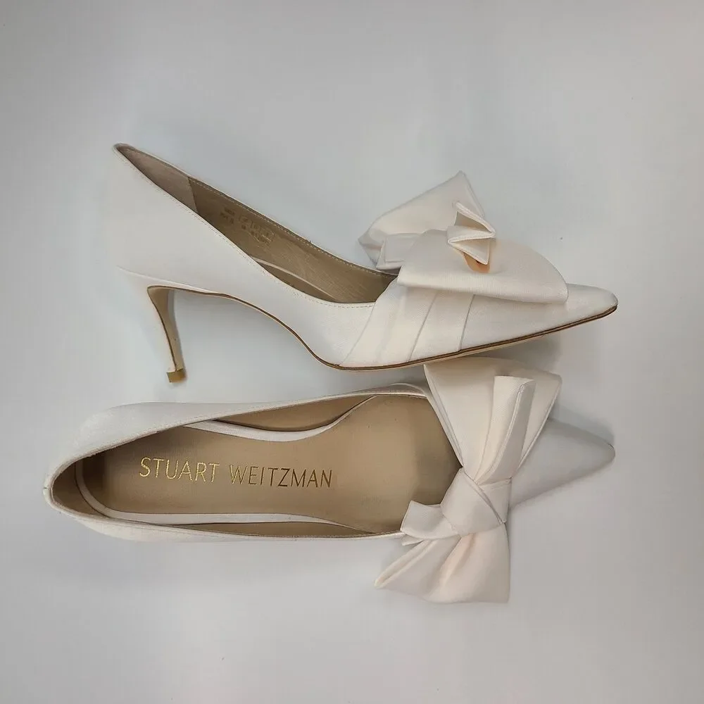 Stuart Weitzman White Satin Bow Pointed Toe Stiletto Pumps Heels Sz 6B Bridal